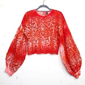 CONTINUUM Orange open eyelet balloon sleeve blouse